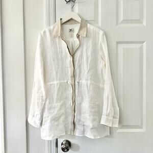 Chico's White Linen Beige Collar Trim Button Cover Up Tunic Blouse Waist Tie 1